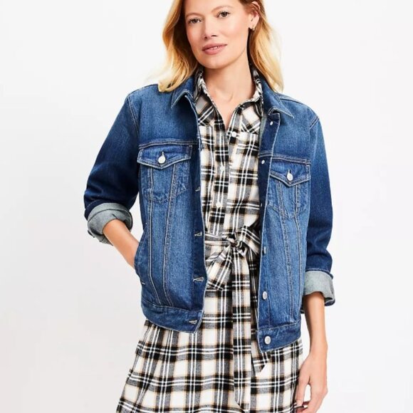 Loft Denim Trucker Jacket in Mid Indigo Wash - Picture 1 of 10